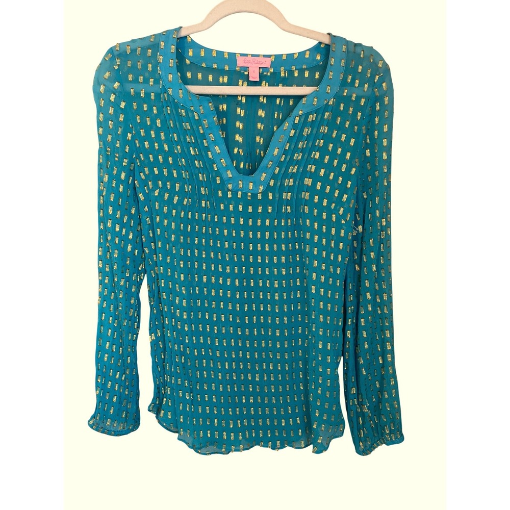 Lilly Pulitzer Size S 100% Silk Turquoise Sheer Blouse Gold Metallic Clip Dot